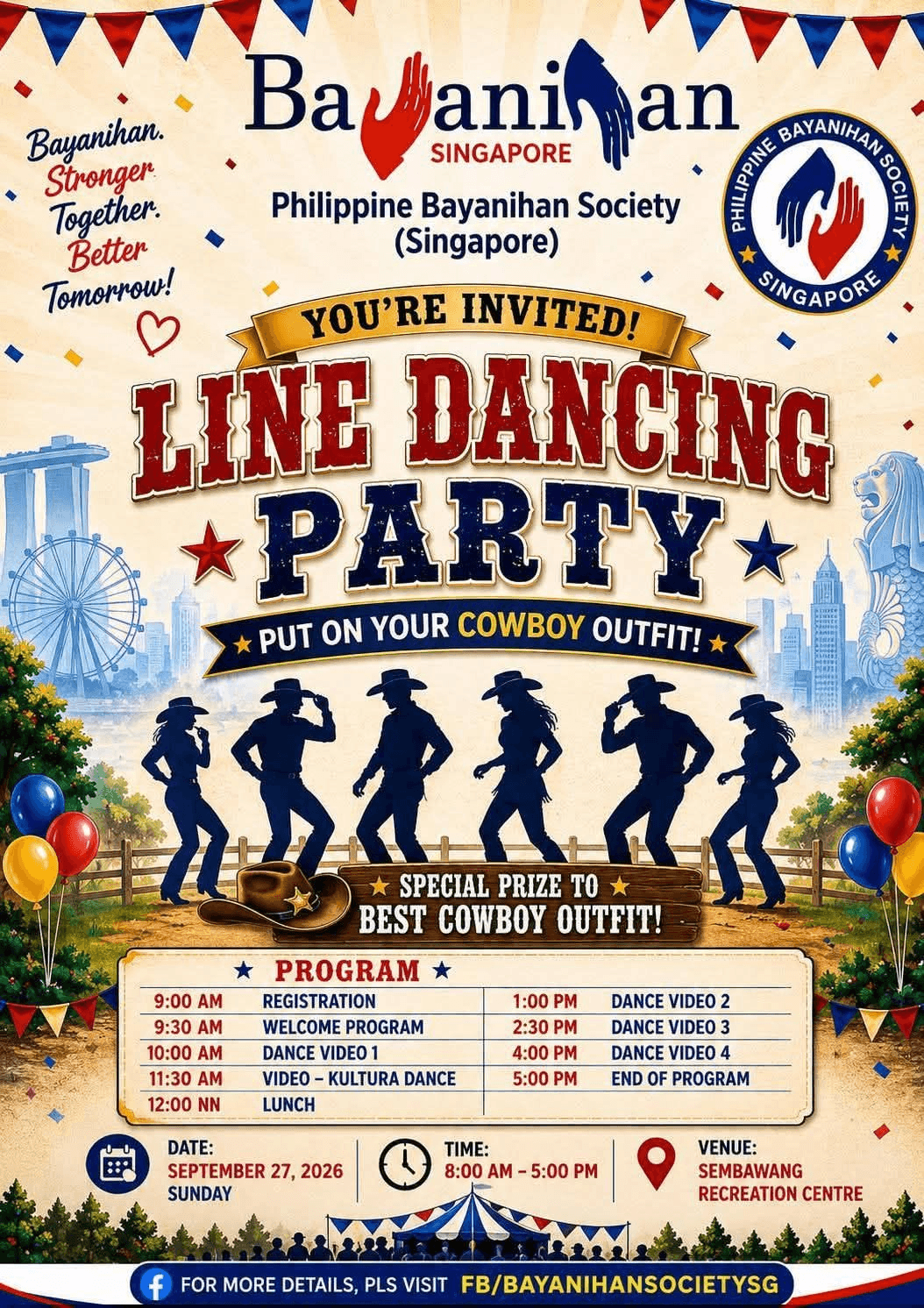 Filipinos line dancing in cowboy outfits at a community event