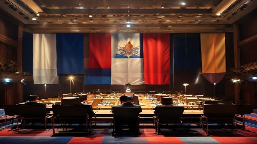 ASEAN flags at a summit hall, editorial scene-setter for the 48th ASEAN Summit outcomes