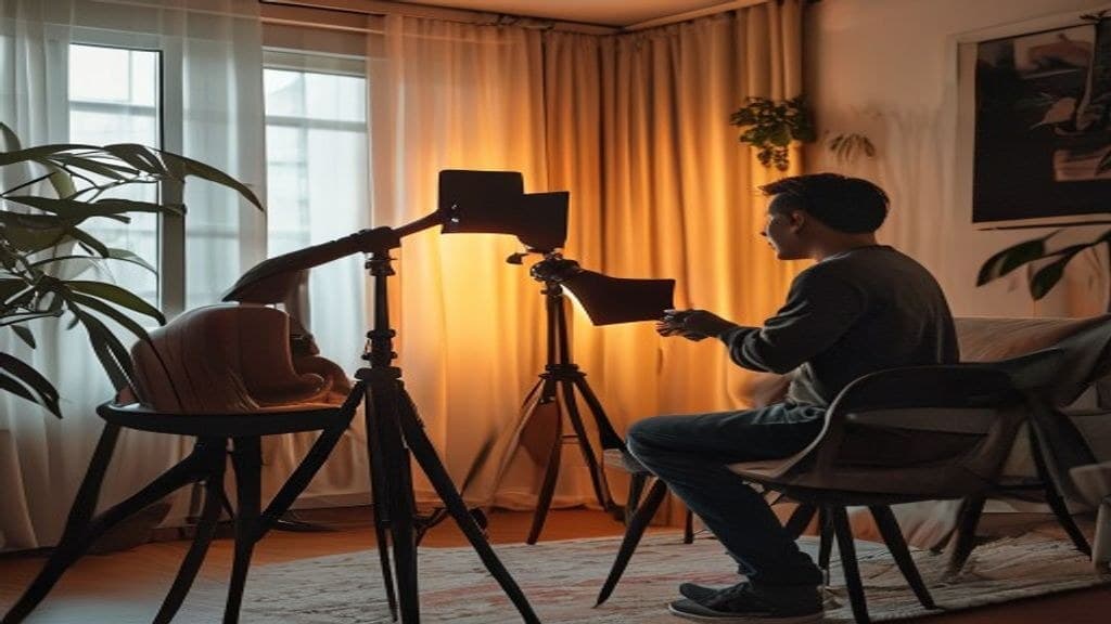 A home content-creation setup with a phone on a tripod and a ring light in a Singapore apartment, illustrating the legal questions around content creation on a work pass
