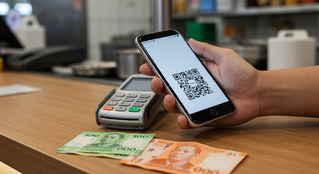 A hand holding a smartphone with a QR code beside Singapore dollar and Philippine peso banknotes, symbolic imagery for cross-border QR payments in ASEAN