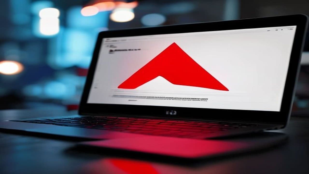 A laptop screen displaying a generic social media job advertisement marked with a large red warning X mark, dramatic editorial lighting, illustrating a story on the DMW takedown of fake OFW job postings on Facebook and TikTok.