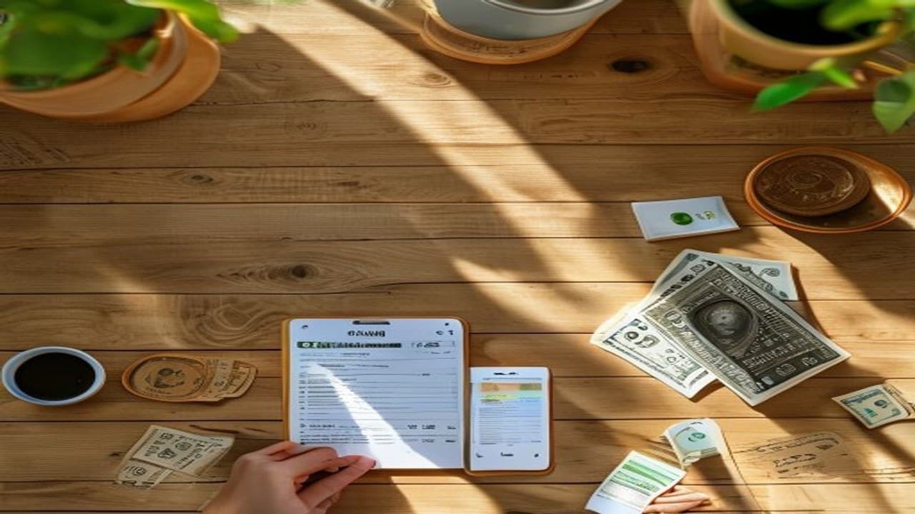 An open employment contract document, a smartphone showing a currency conversion app, Singapore dollar and Philippine peso notes, and a notebook with budget figures on a wooden kitchen table, illustrating a story on the DMW US$500 minimum salary for Filipino domestic workers in Singapore.