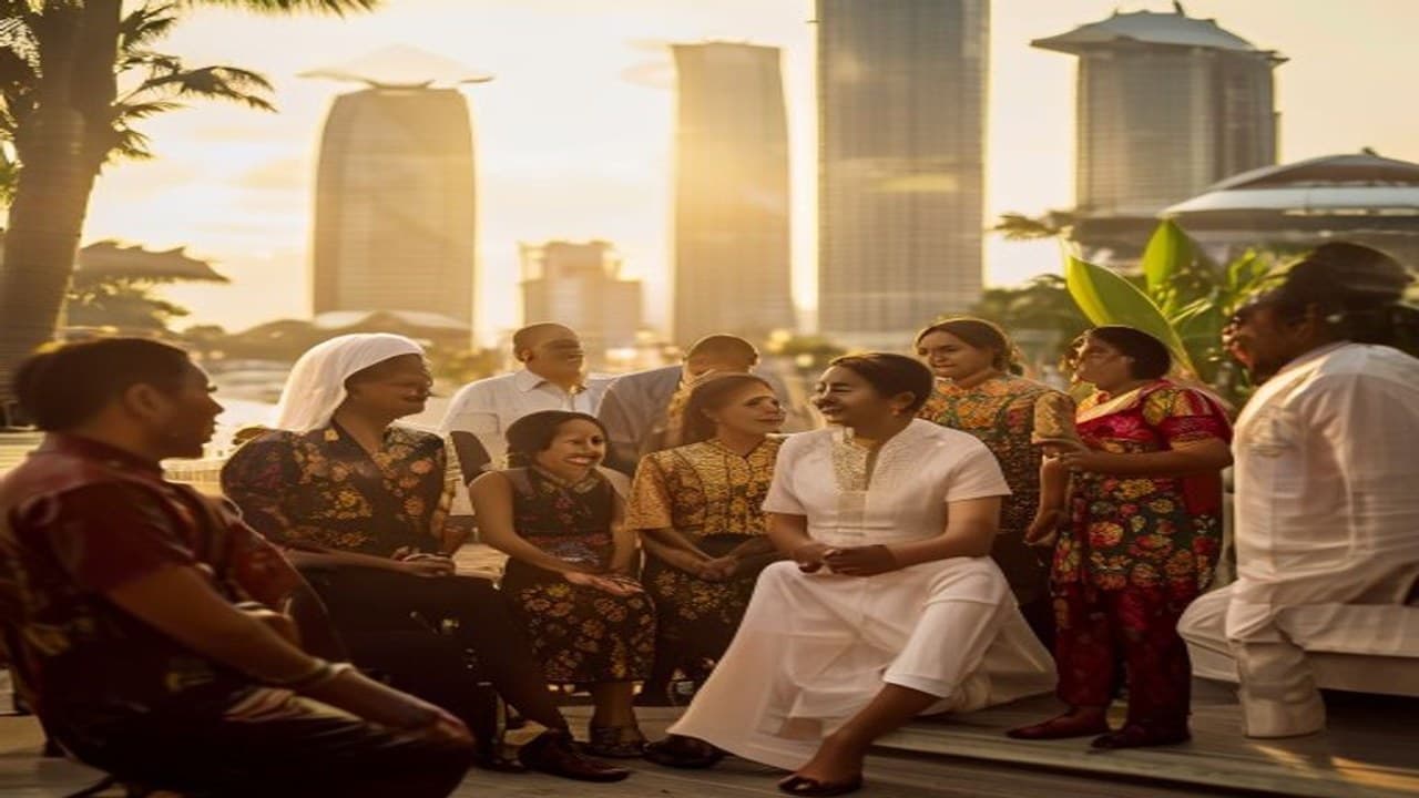 A warm community scene of Filipino professionals and families gathered together at a Singapore venue with a Marina Bay backdrop, illustrating a deep-research feature on 10 famous Filipinos in Singapore in 2026.