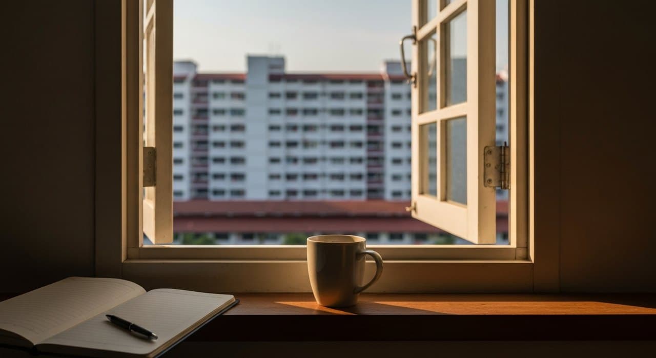 A quiet morning at a Singapore HDB window, coffee, notebook, soft golden light, symbolic of self-reflection from within the Filipino community