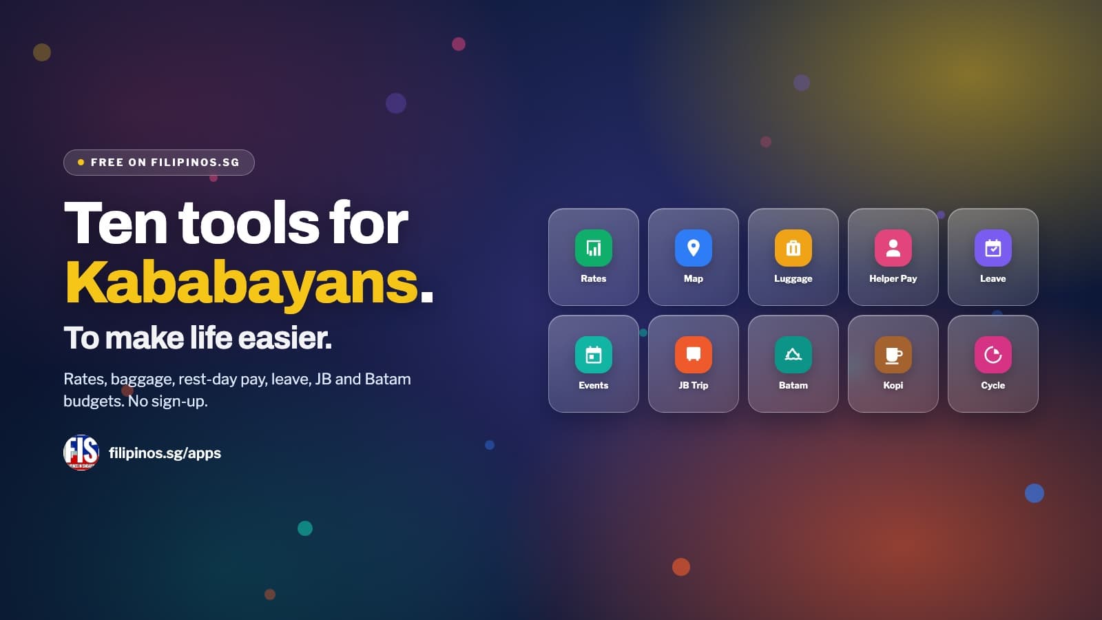 The ten free filipinos.sg apps: rates, map, luggage, helper pay, leave, events, JB trip, kopi and cycle tracker