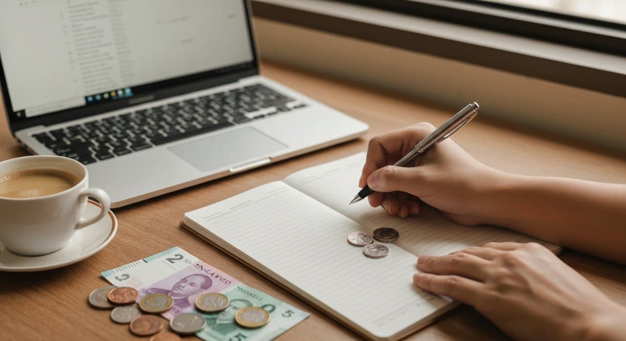 Hands writing in a budget notebook with coins, banknotes, coffee, and laptop in soft focus, budgeting on a Singapore salary for Filipinos