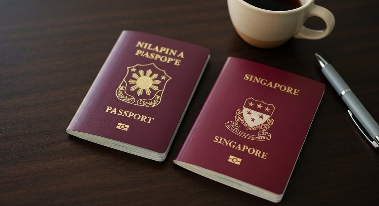 A maroon Philippine passport and a dark red Singapore passport side by side on a wooden desk, symbolic comparison of two ASEAN passports with very different visa-free reach