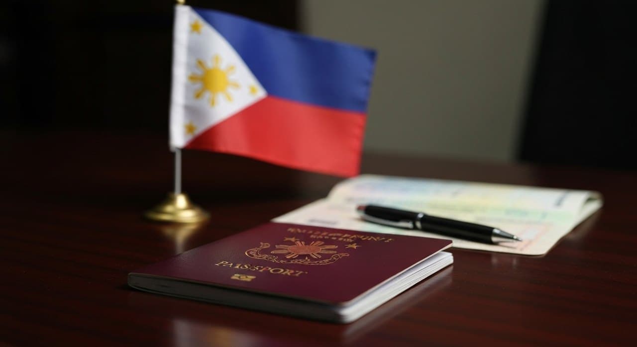 A maroon Philippine passport on a desk with the Philippine flag in the soft-focus background, symbolic imagery for the Romualdez travel-block story