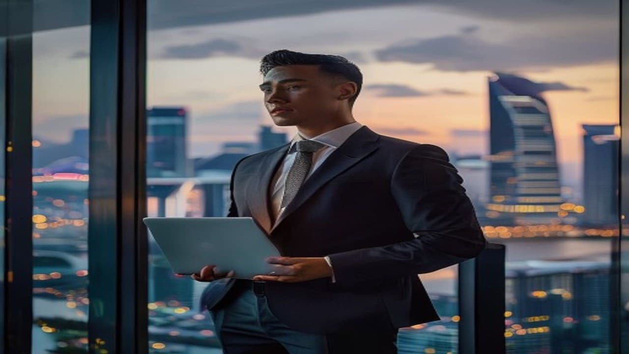 A Filipino professional in business attire standing at a modern Singapore office window overlooking the Marina Bay skyline at dusk, holding a laptop, illustrating a story on the Singapore Employment Pass salary increase to S$6,000 in January 2027.