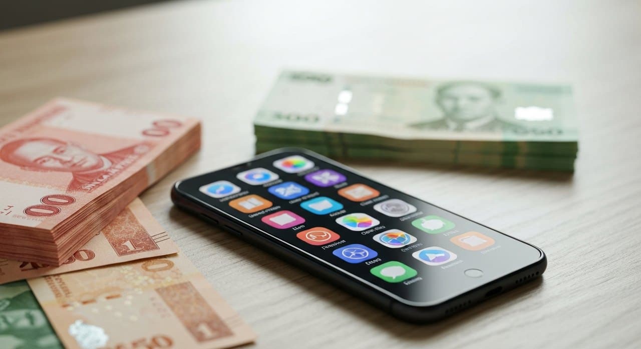A smartphone on a desk with Singapore dollar and Philippine peso banknotes. Singtel Dash mobile wallet ownership transfers to Western Union