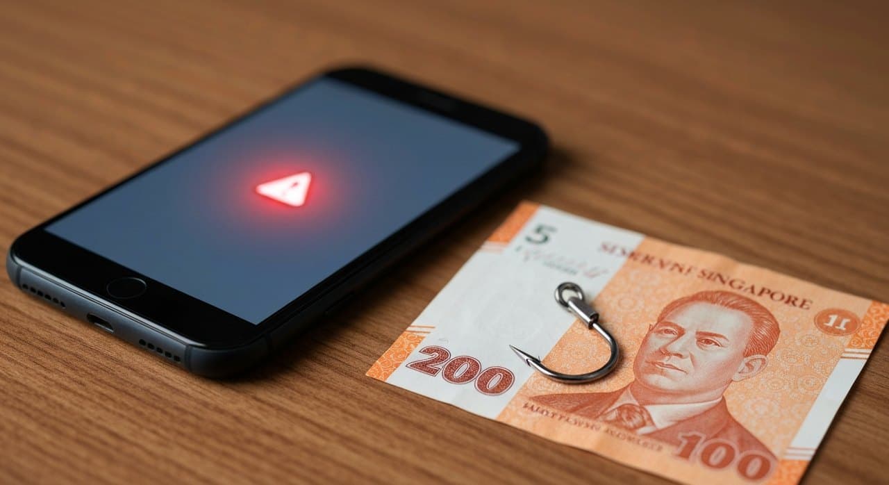 A small metal fishing hook on a Singapore dollar polymer banknote with a phone in soft focus, symbolic imagery for the scam landscape in Singapore