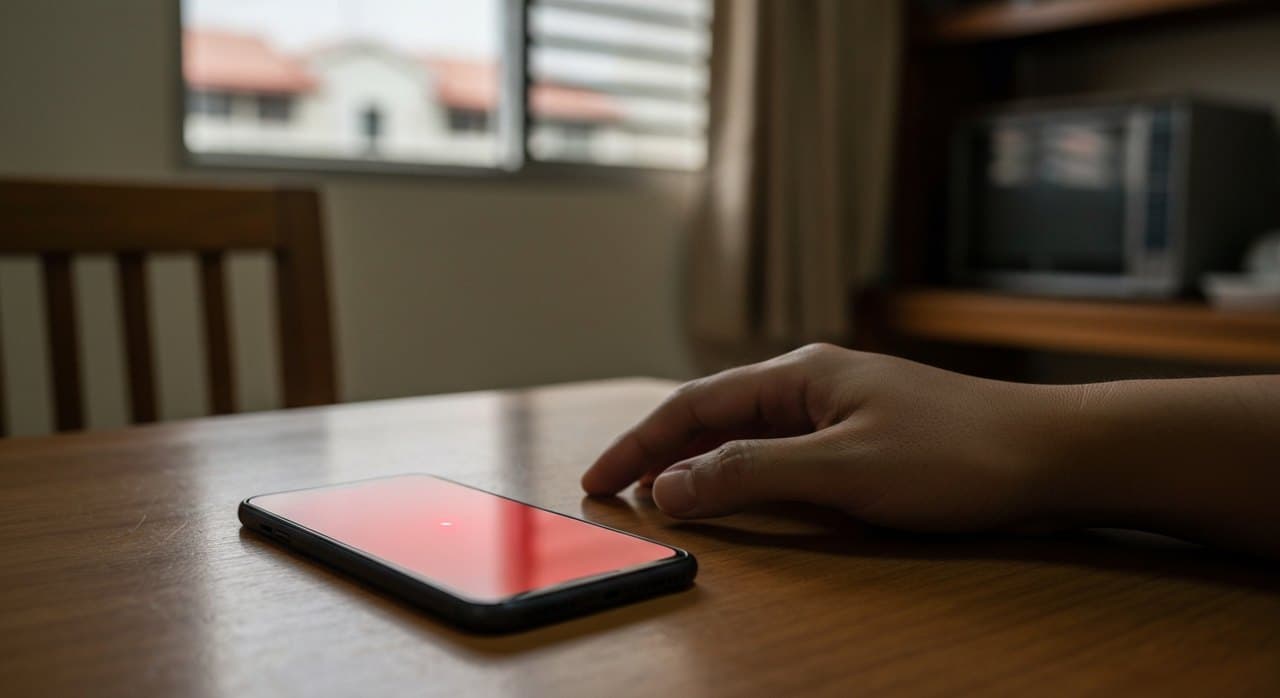 A smartphone on a wooden table in a Singapore HDB home, with a red notification glow — symbolic imagery for a scam-victim moment of decision