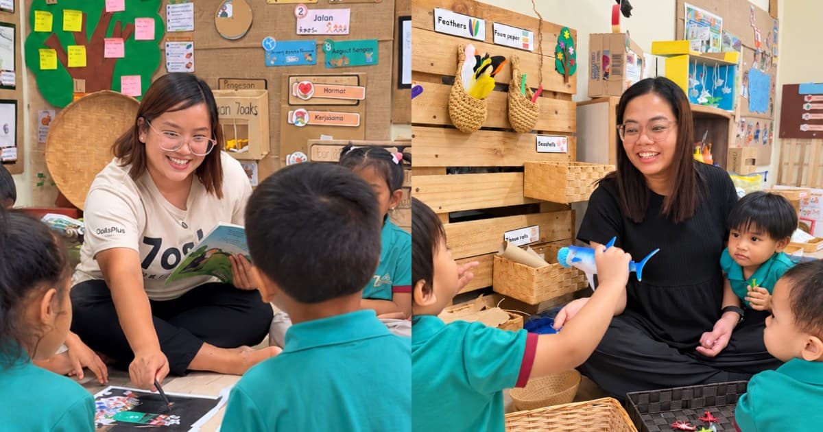 Teacher Pat reading to children and Teacher Mae playing with toddlers at 7oaks Preschool