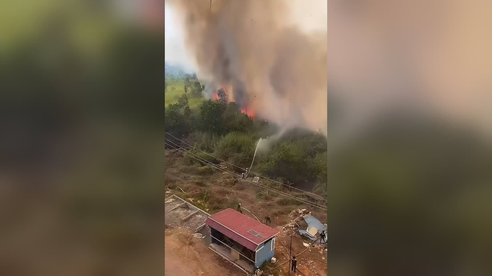 Firefighters spray water at a bush fire near buildings, from video circulating on social media