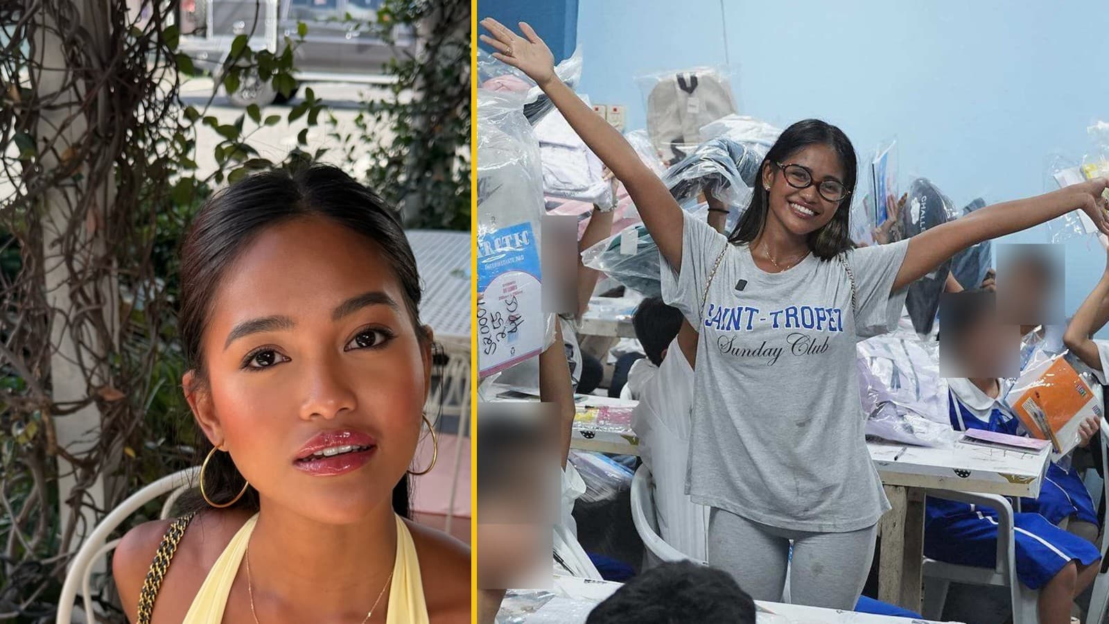 Maeurn Smiles in a portrait, and with students in a Cebu classroom handing out school bags