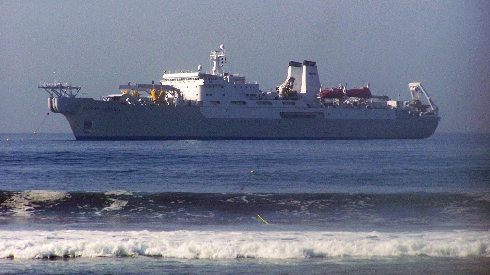 A cable repair ship at sea, the kind of vessel that fixes broken undersea internet cables