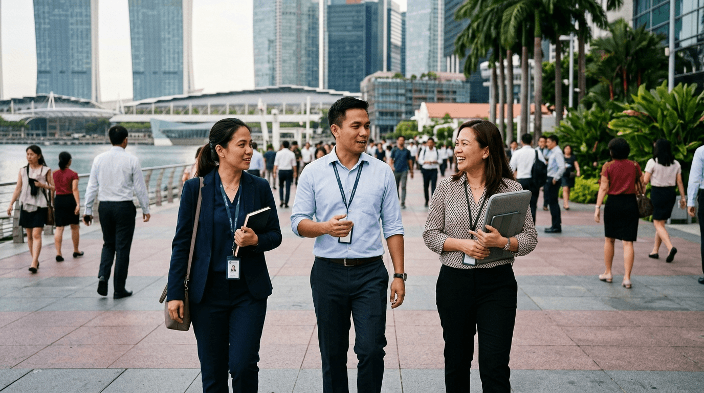 Singapore's Central Business District skyline at dusk, where many Filipino professionals work