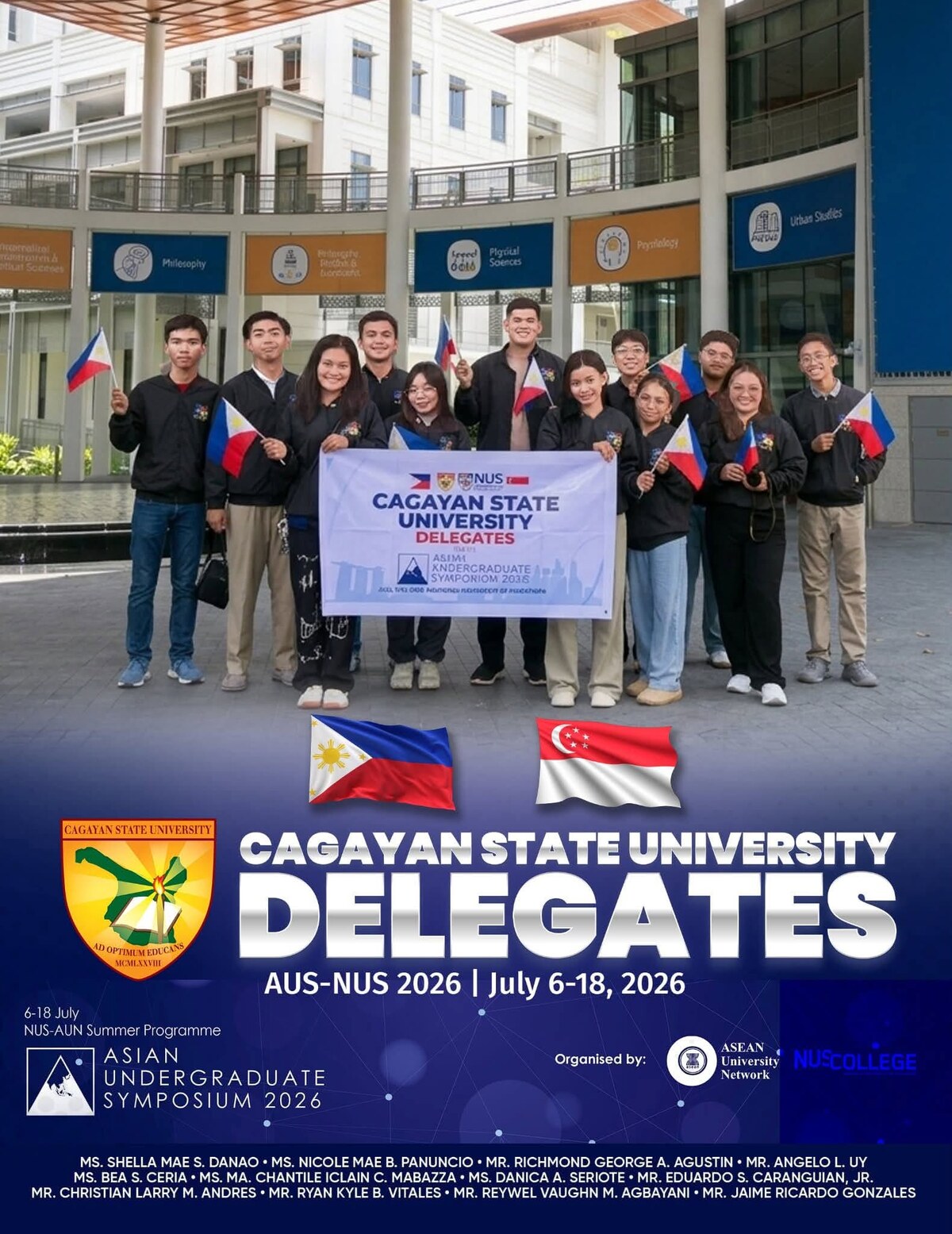 Cagayan State University delegates to the Asian Undergraduate Symposium 2026 at NUS, holding Philippine flags and a CSU banner
