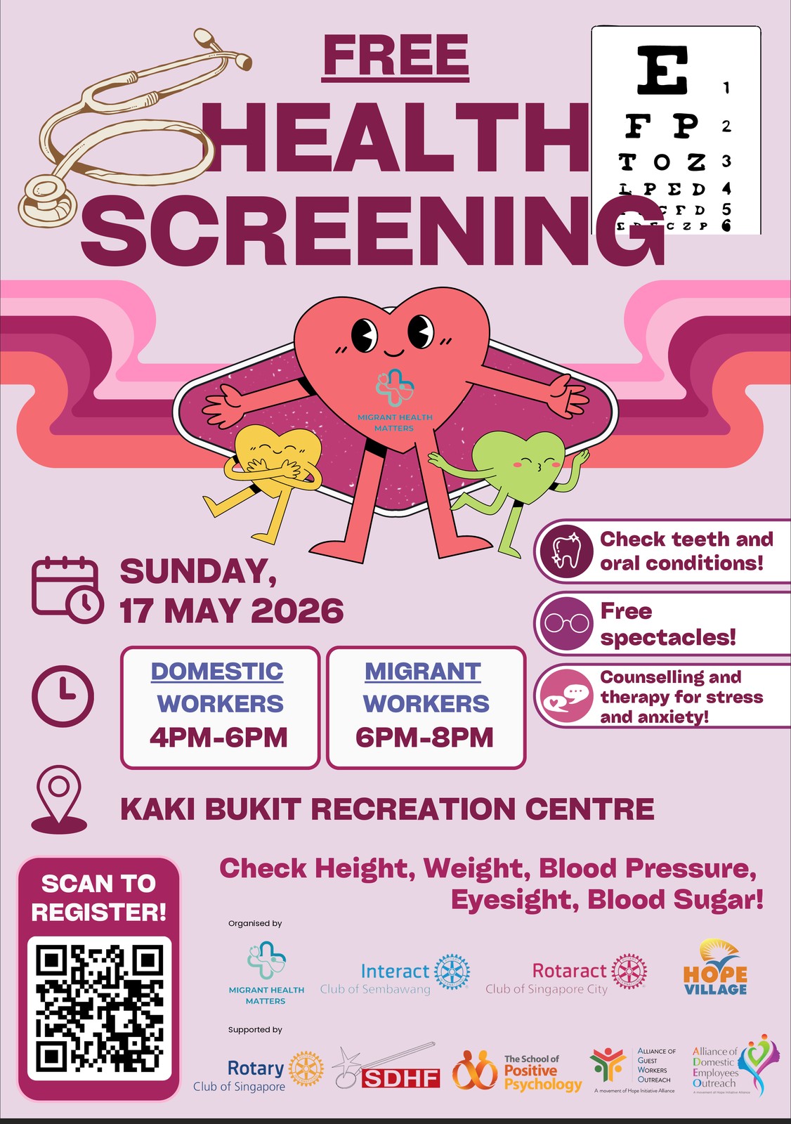 Event poster — Free Health Screening Sunday 17 May 2026 at Kaki Bukit Recreation Centre