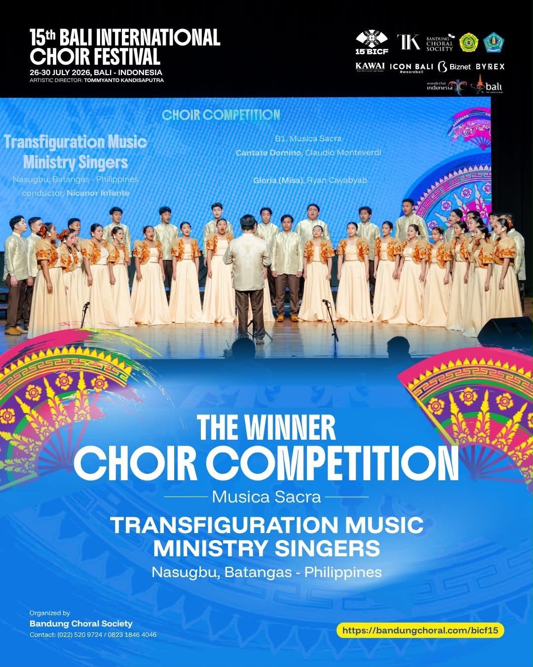 Official winner card naming the Transfiguration Music Ministry Singers as Musica Sacra champion at the 15th Bali International Choir Festival